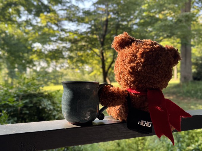 A brown teddy bear with a red bow sits on a wooden railing next to a dark mug, set against a lush green park background.