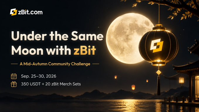 A promotional graphic for zBit.com's Mid-Autumn Community Challenge titled "Under the Same Moon with zBit," running Sep. 25-30, 2026, with 350 USDT + 20 zBit Merch Sets as prizes, featuring a large full moon, a glowing lantern displaying the zBit logo, and traditional Asian architecture—visually representing the challenge of photographing the real moon with the zBit logo visible.