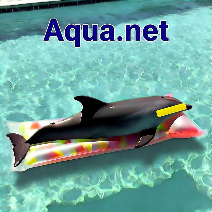 The image features a dolphin swimming in a pool, with its tail visible above the water surface. The background of the image is blue, which complements the color of the water. There are no texts or other objects present in the image.