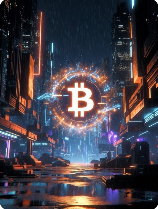 A glowing orange Bitcoin logo is displayed prominently in a futuristic cyberpunk city setting with neon-lit skyscrapers, rain, and reflective wet streets.