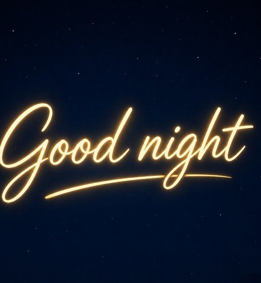 The words "Good night" are written in glowing cursive yellow text against a dark blue starry night sky background.