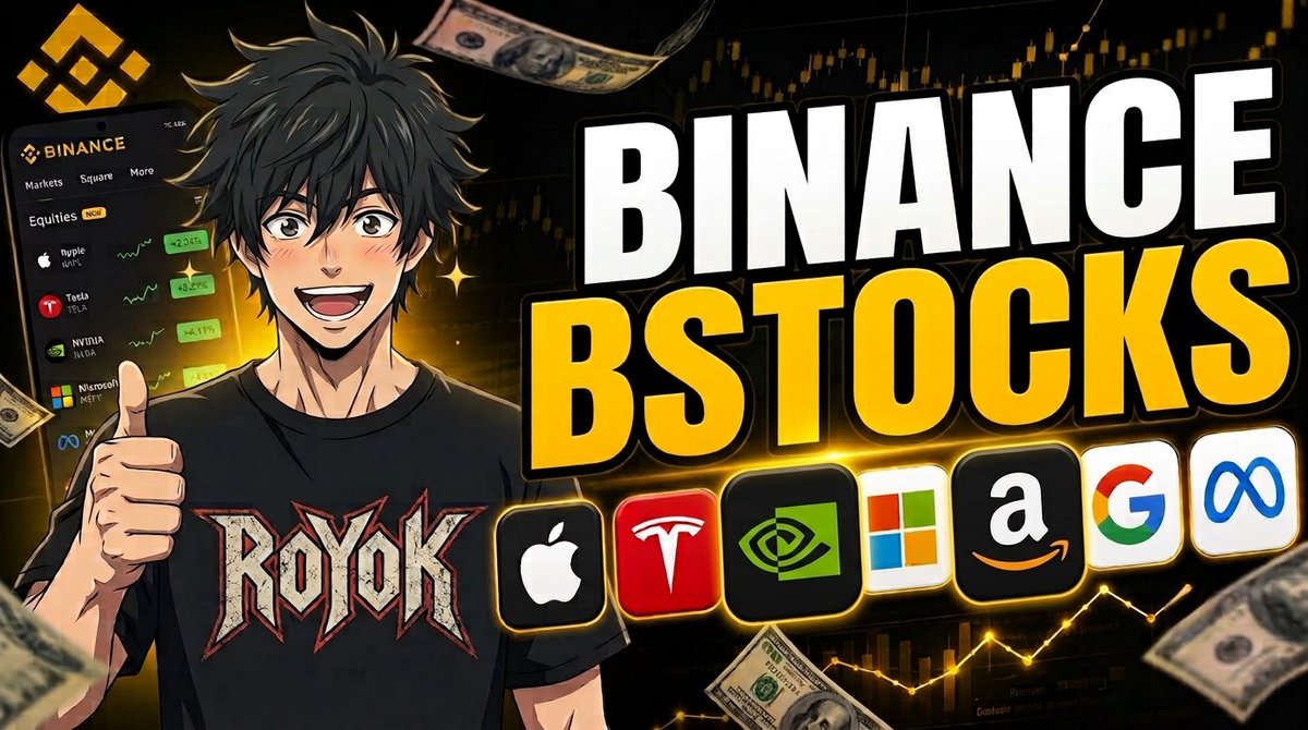 An anime-style character with black hair gives a thumbs up next to bold text reading 'BINANCE BSTOCKS', with the Binance app interface visible and logos for Apple, Tesla, NVIDIA, Microsoft, Amazon, Google, and Meta displayed below.