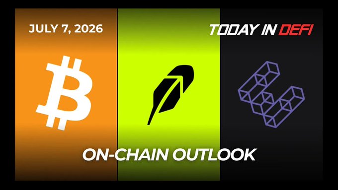 A promotional graphic for 'Today in DeFi' dated July 7, 2026, featuring Bitcoin, a feather/quill logo, and a geometric icon with 'On-Chain Outlook' text.