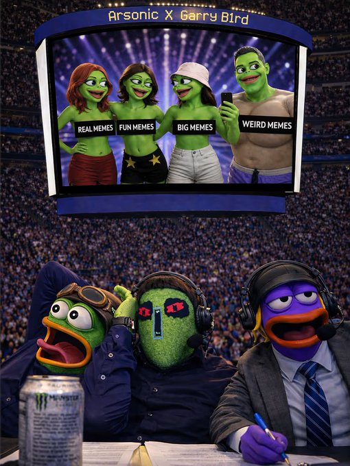 A meme poster titled 'Arsonic X Garry Bird' showing green-skinned characters holding signs reading 'REAL MEMES', 'FUN MEMES', 'BIG MEMES', and 'WEIRD MEMES' on a stadium screen, with puppet-style commentators at a desk below.