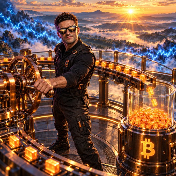 A stylized image of a man operating a large mechanical wheel next to a transparent cylinder filled with gold bars stamped with the Bitcoin logo, set against a mountainous landscape with stock market charts overlaid.