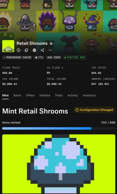 An NFT minting page for 'Retail Shrooms' on the Robinhood Chain showing 700/888 items minted, with a pixel art blue mushroom avatar and a collection of similar mushroom-themed pixel art characters.