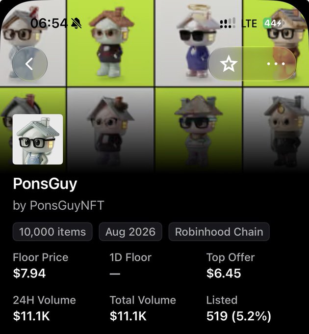A mobile screenshot of an NFT collection called 'PonsGuy by PonsGuyNFT' on Robinhood Chain, featuring 10,000 items from Aug 2026 with a floor price of $7.94 and 24H volume of $11.1K.