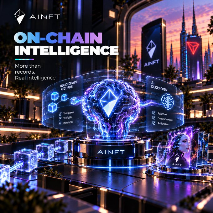 A futuristic promotional graphic for 'AINFT' features the text 'ON-CHAIN INTELLIGENCE' and 'More than records. Real intelligence,' surrounding a glowing neon brain and blockchain records.