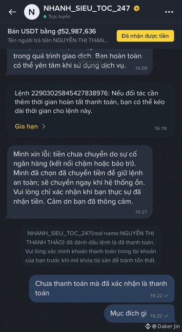 A Binance P2P chat screenshot showing a transaction of ₫52,987,636 USDT where the buyer "NHANH_SIEU_TOC_247" (Nguyễn Thị Thanh Thảo) is pressuring the seller to release funds despite the seller's message stating the bank transfer failed and to wait for confirmation—illustrating the P2P scam risks referenced in the post about unsafe crypto-to-VND conversions.