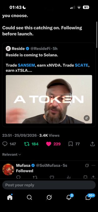 A mobile screenshot shows an X/Twitter post by 'Reside @ResideFi' announcing 'Reside is coming to Solana' with mentions of trading $ANSEM, $NVDA, $CATE, and $TSLA, alongside a video image with 'A TOKEN' text overlay.