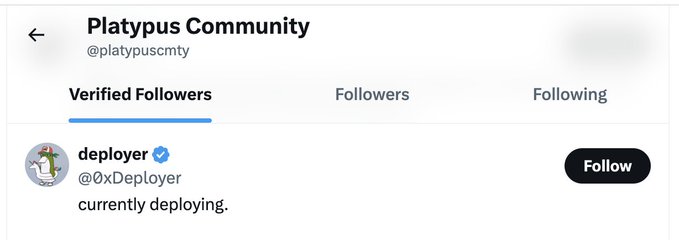 A Twitter profile screenshot showing 'Platypus Community' (@platypuscmty) with a verified follower 'deployer' (@0xDeployer) whose bio reads 'currently deploying.'