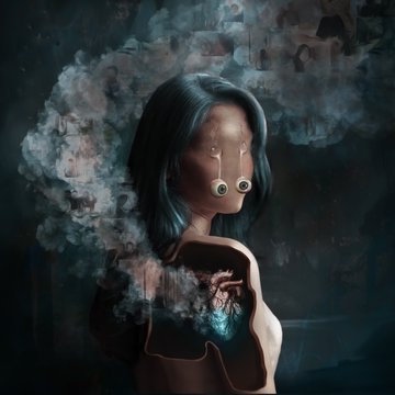 A digital artwork titled "The Ceremony of Becoming" depicts a haunting portrait of a woman with closed eyes, tears streaming down her face, and a dark void in her chest from which smoke and smoke-like wisps emerge into the surrounding darkness. The piece's melancholic, otherworldly aesthetic—blending sorrow and transformation—captures the introspective, ritualistic theme referenced in the caption's second artwork.