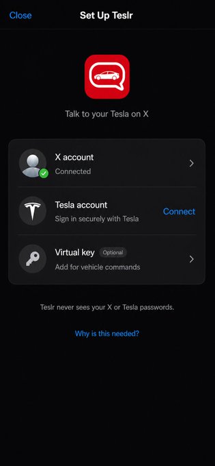 A mobile app screen titled 'Set Up TesIr' showing options to connect an X account (marked as Connected), a Tesla account, and a Virtual key, with text stating 'Talk to your Teslr on X'.