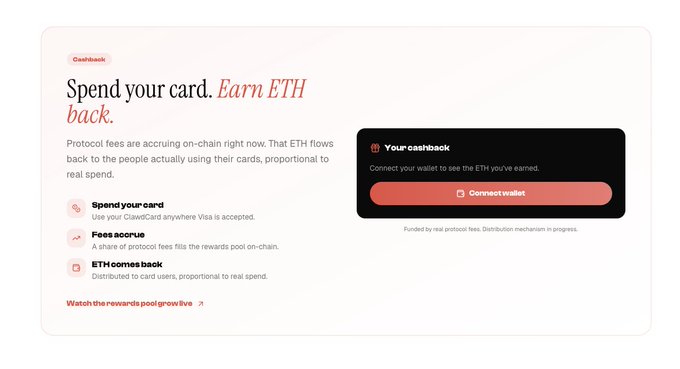 A promotional webpage titled 'Cashback - Spend your card. Earn ETH back.' explains how protocol fees accrue on-chain, with a dark widget offering a 'Connect wallet' button to view earned ETH.