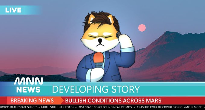 A cartoon Shiba Inu dog dressed as a news anchor with closed eyes holds a microphone on a "MNN NEWS" broadcast, reporting "DEVELOPING STORY" with a "BREAKING NEWS" banner reading "BULLISH CONDITIONS ACROSS MARS" against a Martian landscape backdrop with mountains and a pink moon, playfully tying the bullish crypto sentiment to a literal Mars setting.