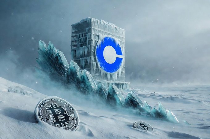 A Coinbase building is frozen and buried in ice and snow, with Bitcoin coins half-buried in the surrounding winter landscape, symbolizing the crypto winter and the company's $359.5 million net loss reported in Q2 2026.
