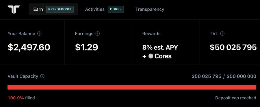 A dashboard for 'Earn' showing a 'PRE-DEPOSIT' status with a balance of $2,497.60, 8% est. APY, and a 'Vault Capacity' that is 100.0% filled, reaching the $50,025,795 cap.