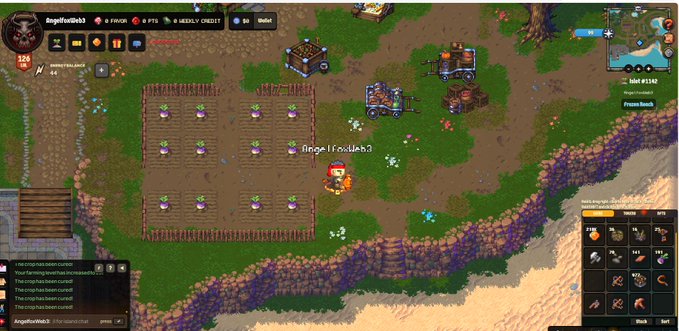 A screenshot of a 2D pixel-art farming MMO (AngelKoolle) showing a character tending crops, with a UI displaying inventory, chat, and farming tools.