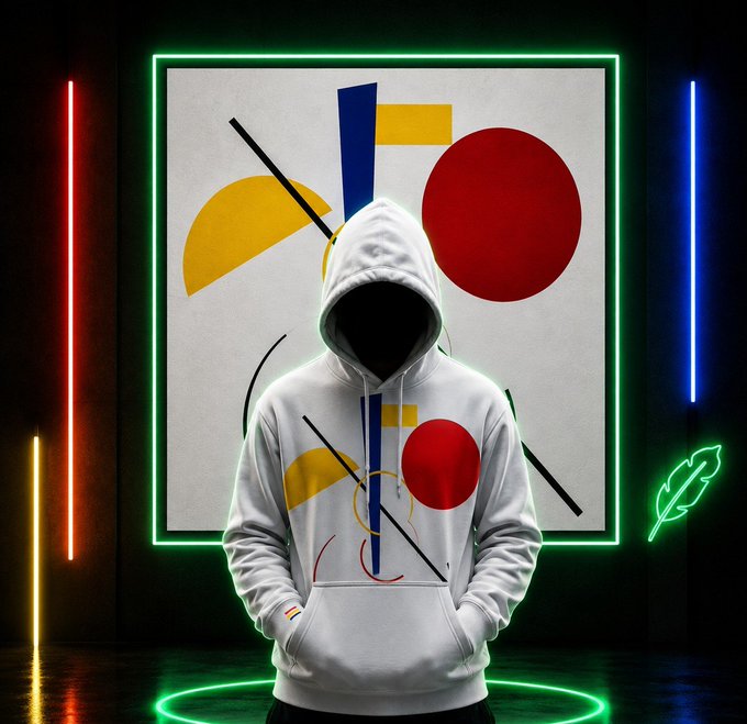 A person wearing a white hoodie with abstract geometric design standing in front of a matching framed artwork, illuminated by neon green, blue, and orange light bars.