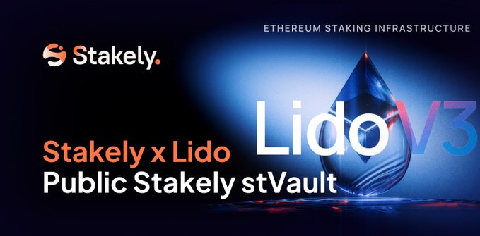 A promotional banner for 'Stakely x Lido Public Stakely stVault' on Ethereum staking infrastructure, featuring a glowing blue crystalline diamond shape with 'Lido V3' text.