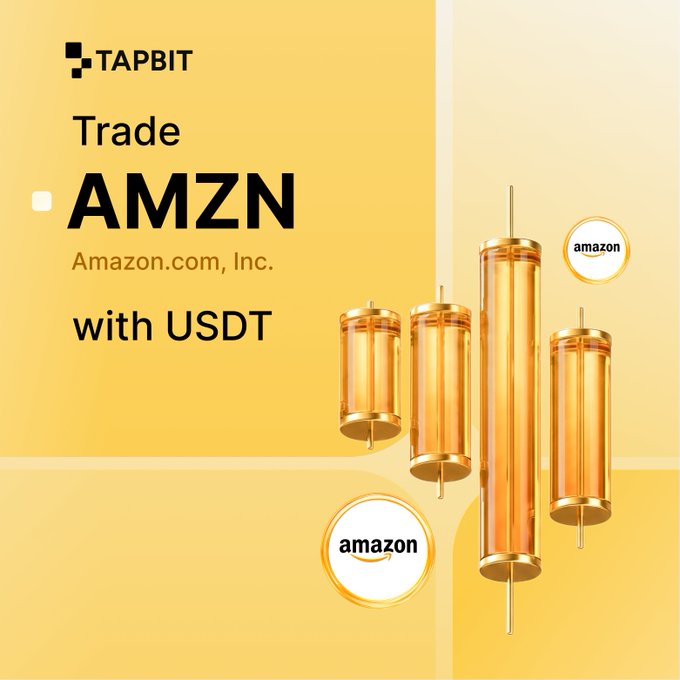 An advertisement on a yellow background for 'TAPBIT' promoting the ability to 'Trade AMZN Amazon.com, Inc. with USDT', featuring golden candlestick charts and Amazon logos.