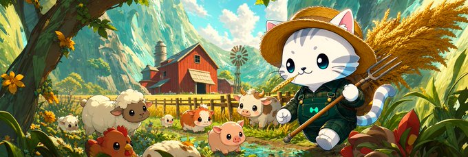 The image features a cartoon cat dressed as a farmer, holding a pitchfork and surrounded by farm animals such as sheep and pigs. The scene takes place outdoors with a barn visible in the background. The caption of the image reads "Markets are bleeding. But the Hyperliquid culture keeps farming New custom work for @degenknght 1 PFP 2 matching banners. Full farmer @Hypurr identity Markets can move however they want. Hyperliquid culture keeps compounding".