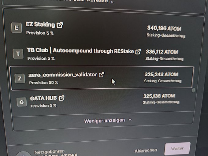 A screenshot of a cryptocurrency staking interface showing validators including EZ Staking (340,196 ATOM), TB Club | Autocompound through REStake (335,112 ATOM), zero_commission_validator (325,243 ATOM), and GATA HUB (325,138 ATOM), with the zero_commission_validator highlighted.