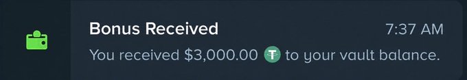 A mobile notification from Stake displaying "Bonus Received — You received $3,000.00 T to your vault balance" at 7:37 AM, which the user is sharing as proof of receiving the bonus they're now redistributing to 10 random participants.
