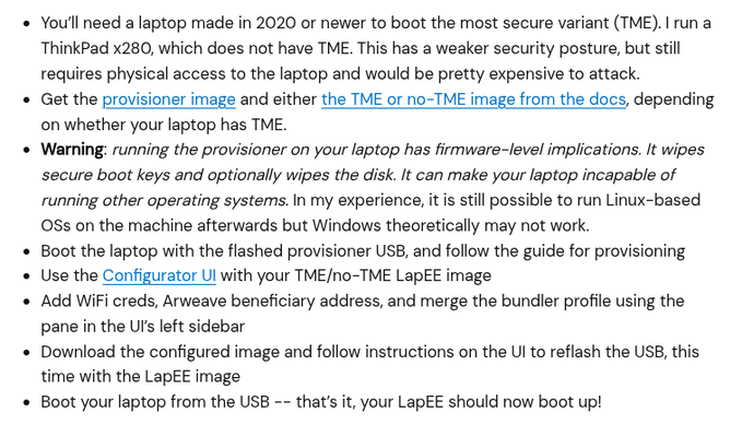 The image features a screenshot of a webpage with text that reads "You'll need a laptop made in 2020 or newer to boot the most secure variant (TMEE) I. In a. ThinkPad X30, which does not have TMTEE. This has a weaker security posture, but still requires physical access to the laptop and would be pretty expensive attack." The image also includes a link that says "Hyperzine.xyz/lapee".