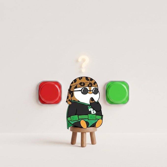A 3D-rendered cartoon penguin wearing a leopard print bandana, sunglasses, and a black shirt, sitting on a small wooden stool with a glowing question mark above its head, positioned between a red and a green button.