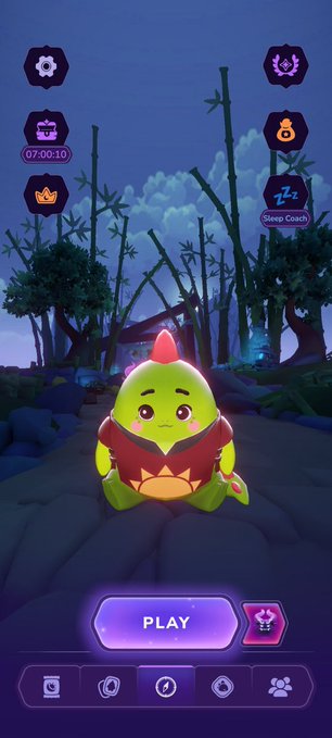 A mobile game interface featuring a green dragon-like character sitting on a stone path with a "PLAY" button, surrounded by menu icons like a chest timer (07:00:10) and a "Sleep Coach" button.