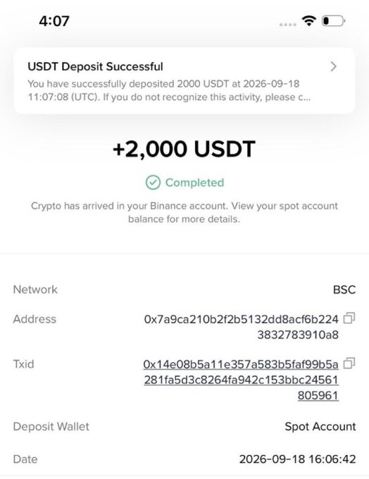 The image shows a Binance confirmation of a successful 2,000 USDT deposit via the BSC network on 2026-09-18. This relates to the post as **proof of funds**, suggesting the sender has the capital to distribute 200 USDT rewards to 10 participants, though the amount shown (2,000 USDT) is significantly more than what's being offered.