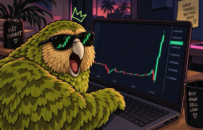 A cartoon parrot wearing reflective sunglasses excitedly watches a candlestick chart showing a sharp upward spike from around 0.000040 to 0.000160, with a "FAT PARROT" can and a "BUY HIGH SELL LOW" mug on the desk, humorously illustrating the hype around the $FATPARROT memecoin and its explosive price action on DEXs.