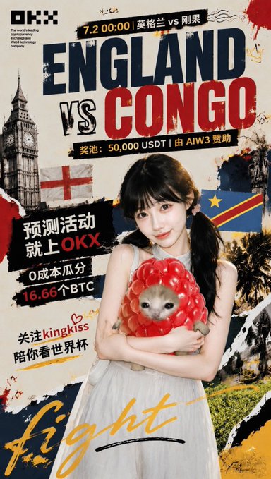 A promotional poster for an OKX World Cup prediction event featuring a girl holding a cat, with text announcing "ENGLAND vs CONGO" on 7.2 at 00:00, a prize pool of 50,000 USDT sponsored by AIW3, and a 16.66% BTC profit share offer tied to the @kingkiss account.