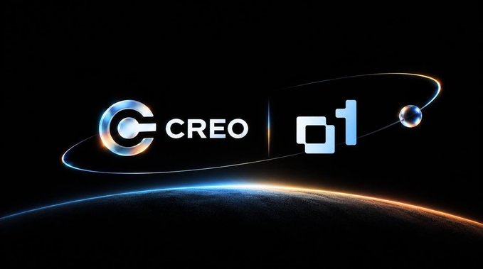 The image shows a promotional banner against a space backdrop, featuring the "CREO" logo (with a stylized "C" encircled) alongside the "o1" exchange logo, separated by a vertical divider, with a glowing planet horizon and orbital rings below—visually reinforcing the partnership announcement that $creo is now supported by the @o1_exchange team.