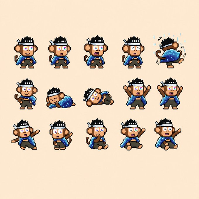 A pixel art sprite sheet of a monkey character wearing a black spiked hat and blue jacket, displayed in 15 different action poses including standing, sleeping, and dancing.