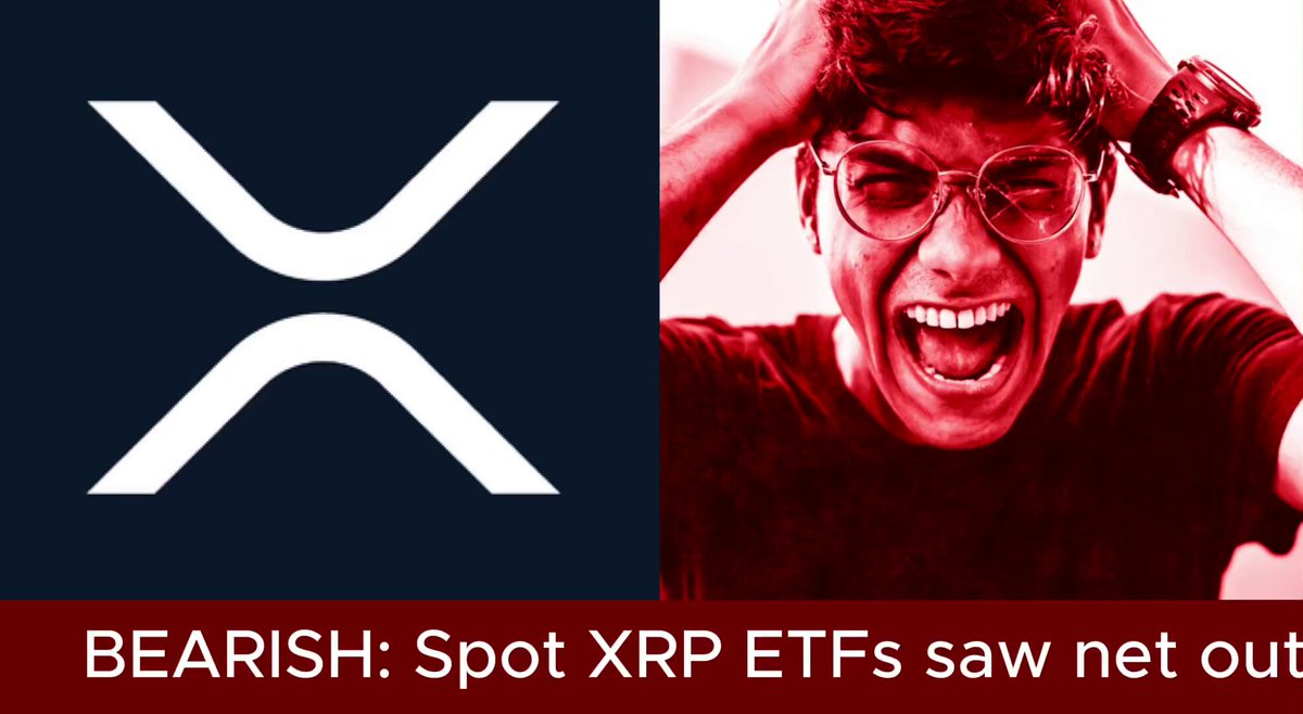 The image features a man with glasses who appears to be in distress or frustration. The background of the image is white, which contrasts with the red logo for Ripple, an online currency exchange platform. The text "bearish" is written below the Ripple logo, and "spot xrp ETFs saw net outflows" is written above it. This suggests that the Ripple platform has experienced a significant loss in net inflows or outflows of Ripple ETFs over the past month.