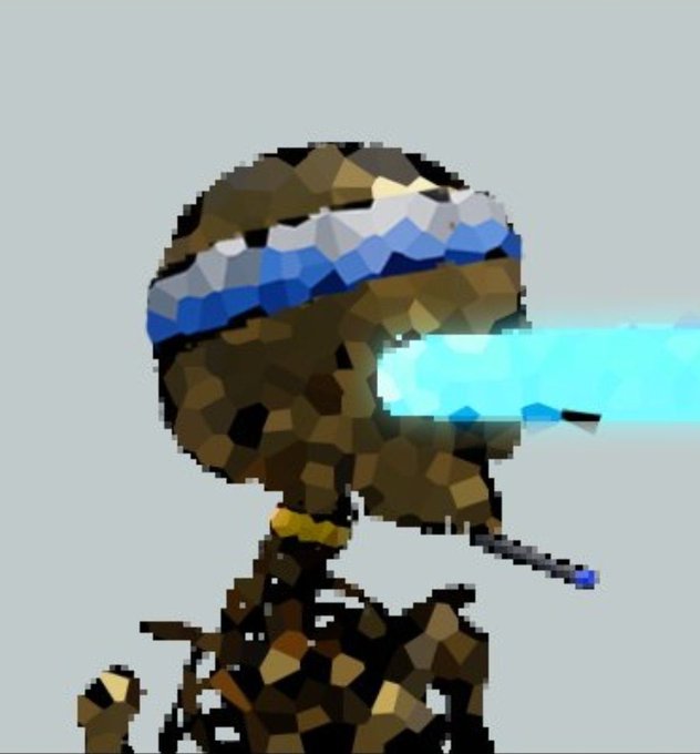A low-poly 3D rendered character with a dark patterned body and a blue and white headband shoots a bright cyan beam from its eye.