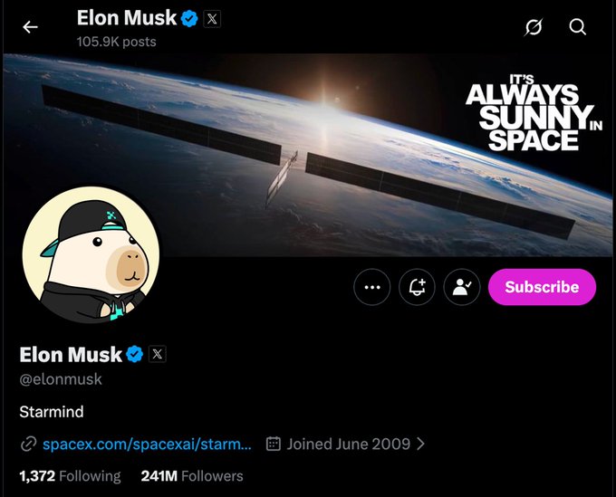 A screenshot of Elon Musk's X (Twitter) profile (@elonmusk) with 241M followers, displaying the banner text 'IT'S ALWAYS SUNNY IN SPACE' and a SpaceX Starlink satellite image.