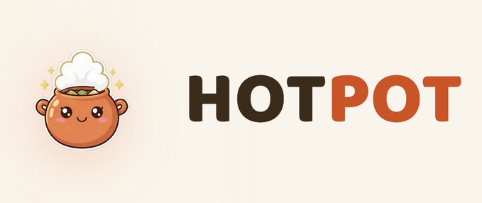 The image features a cute, smiling kawaii-style cartoon hot pot character with steam rising from it, alongside the text "HOTPOT" in bold brown and orange lettering. As a play on the post's claim of loving "ponzis," "hotpot" is likely a misspelling or pun, possibly riffing on the crypto token "Hotpot" (HOTPOT) or jokingly substituting the word "ponzi" with "pot."