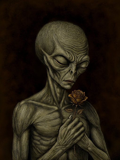 A dark, surreal illustration of an emaciated, alien-like humanoid figure with closed eyes, delicately holding a withered brown rose against a dark, textured background.