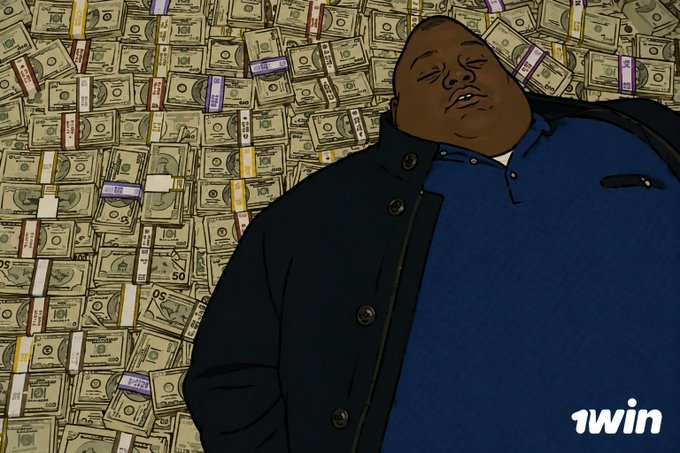 An animated illustration of a man in a blue shirt lying on a large pile of banded stacks of US dollar bills, with a '1win' logo in the bottom right corner.