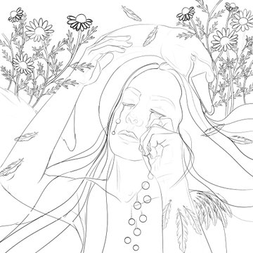 A black and white line art illustration of a woman with long flowing hair crying, surrounded by flowers and falling leaves.