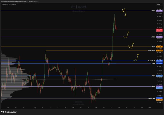 A candlestick chart of BTCUSDT on Binance (1-hour timeframe) showing price action near $83,000–$84,000, with horizontal support/resistance levels marked (including local-HIGH, IFVG, local-LOW, FVG, POC, and lead-LOW around $73,000), yellow handwritten arrows indicating potential downward retracement and upward reversals, and a watermark reading "tim | quant" at the top.

The chart visually supports the post's analysis by illustrating the retracement phase of Bitcoin's impulsive rally, with annotations highlighting key levels and directional arrows that align with the described range formation and AMT cycle structure.