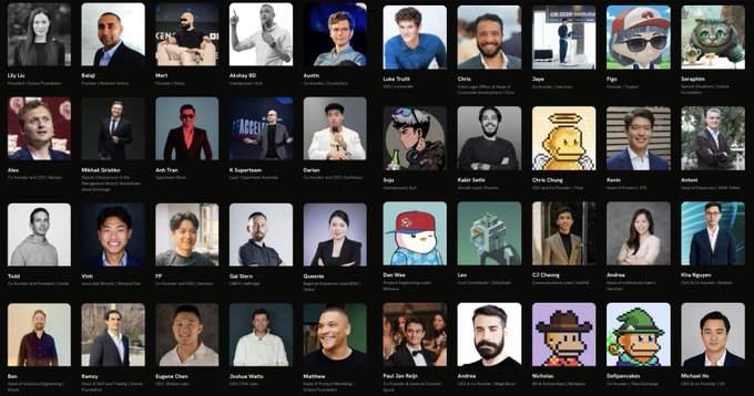 The image displays a speaker lineup grid featuring profiles of various founders, CEOs, and representatives from Solana-related companies, including Lily Liu (Solana Foundation), Mert (Saros), Jupiter (Ben), Phoenix (Frictionless), Luke Truitt, Jups (Quantstamp), Melasani, Taurique Capital, Superteam, Kalshi Swift, Chris Chung, Amber, Accretive Research, C/O Ccomy, Andrea (Blueprint Protocol), Alex Nguyen, Ben (SVM Software Engineering), Eapora Chen (NMOM Labs), Joshua Watts (CEO), Paul Jan Raju, Andrew (NFT developer), Nicholas (Wrappers), DeSponsored, and Michael Ho (CEO of C/O Policies Lab), among others.

This speaker grid supports the accompanying post about the Solana Summit, showcasing the prominent founders and executives from $100M+ companies like Solana Foundation, Mert, Meteora, Double Zero, Phoenix, Titan, Nansen, and Metaplex who are participating