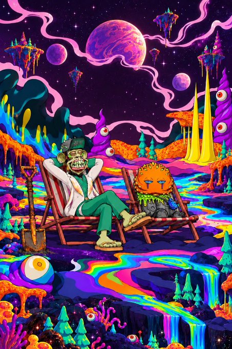 A vibrant psychedelic digital artwork depicting a skeletal figure in a suit and a creature with a spiked head relaxing on beach chairs in a surreal alien landscape with rainbow rivers, floating eyeballs, and colorful planets.