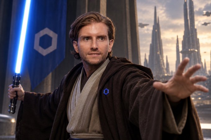 A man dressed in Jedi-style robes wielding a blue lightsaber and using the Force, with a futuristic cityscape in the background and a blue banner featuring a hexagonal logo.