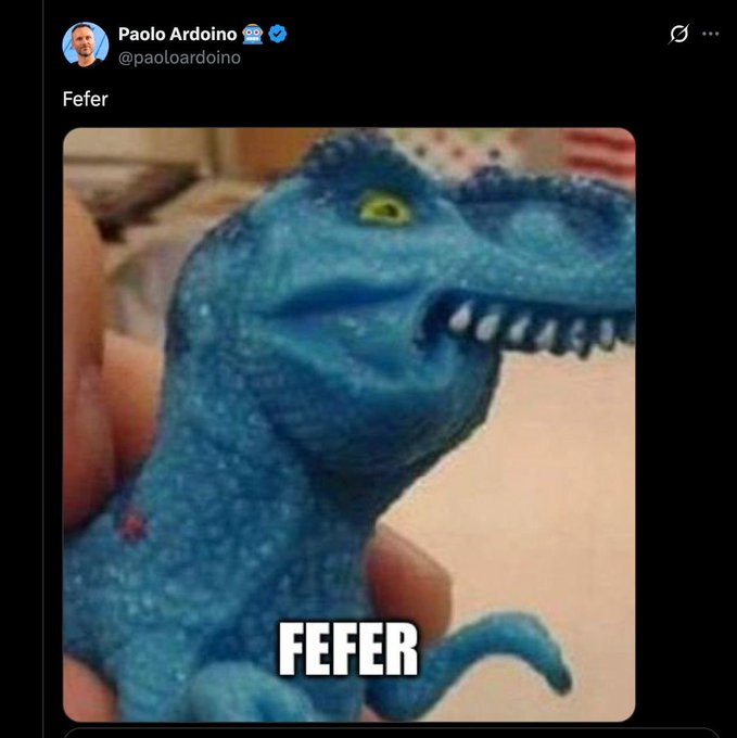 A tweet from Paolo Ardoino (@paoloardoino) displays a close-up photo of a blue toy dinosaur with the caption 'Fefer' overlaid at the bottom.