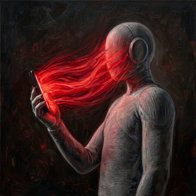A dark, painterly artwork depicts a featureless humanoid figure in gray holding a smartphone, with vivid red flames or energy streaming from the device into where the face would be.