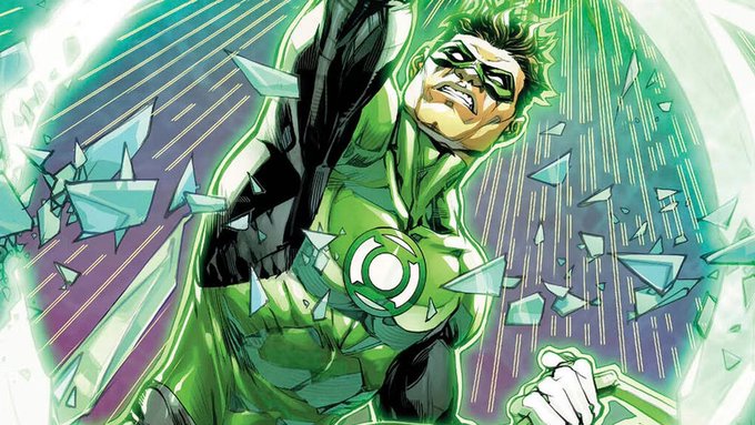 A comic book illustration of a Green Lantern superhero with glowing green energy and shattered glass surrounding him.